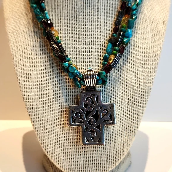 Vintage Sterling Silver and Turquoise Cross Necklace